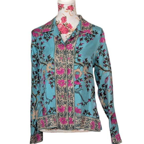 Plenty By Tracy Reese Size 6 100% Silk Blue Pink Floral Glamorous Blouse Career - Picture 5 of 15
